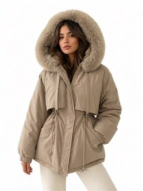 Beige Faux Fur Lined Hooded
Puffer Jacket Coat Cinch Waist Cozy Neutral Size L